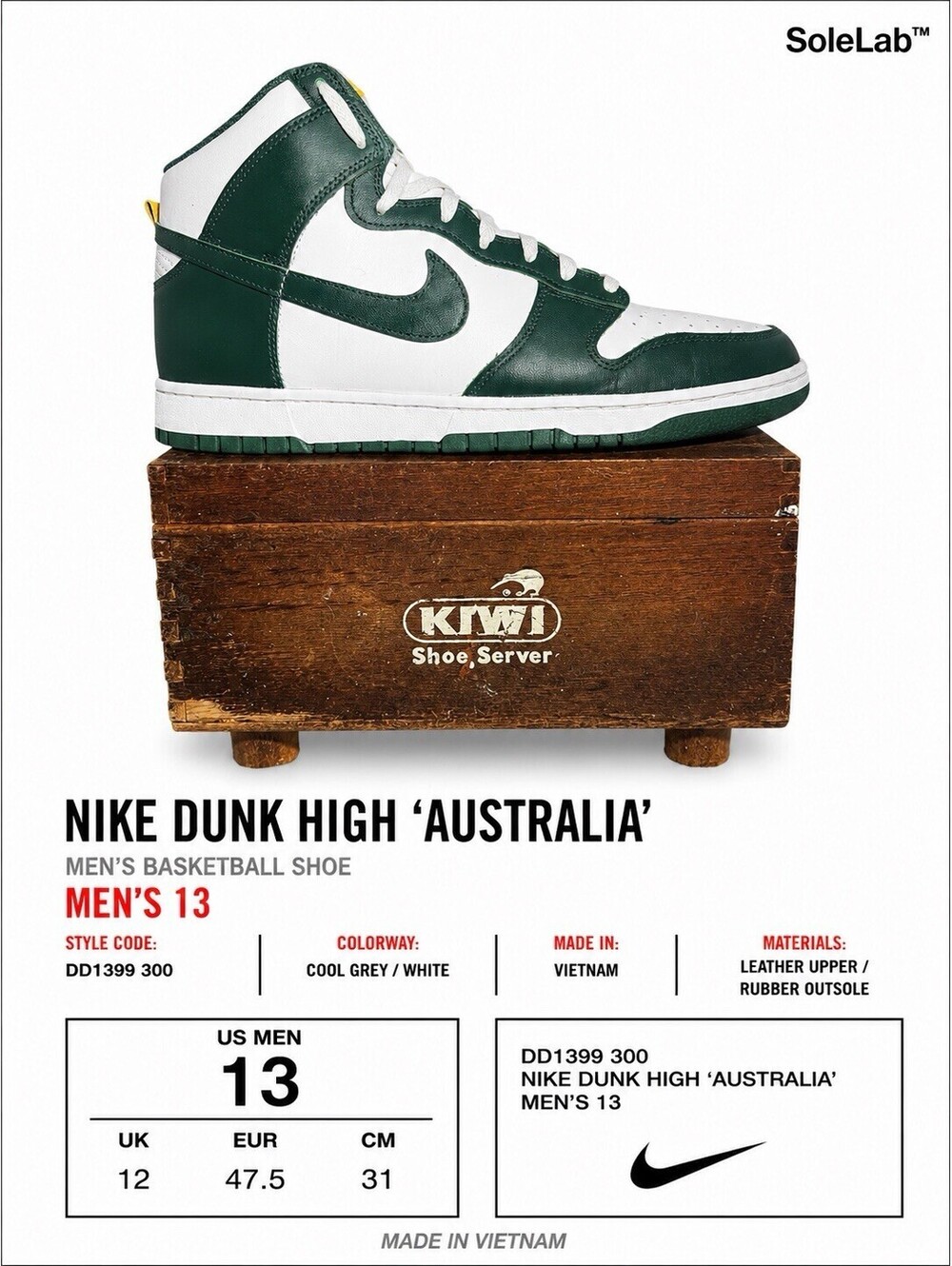 Nike Dunk High Australia Noble Green DD1399-300 Men’s Size 13 Green White